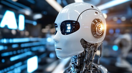 Aufkleber - Close-up view of a futuristic humanoid robot head, showcasing intricate metallic details and glowing blue circuitry within its eyes, set against a blurred background of technological e : Generative AI