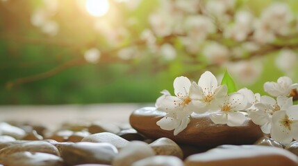 Aufkleber - Serene spring blossoms resting gently on smooth, grey stones, bathed in soft sunlight, creating a tranquil and peaceful atmosphere. : Generative AI