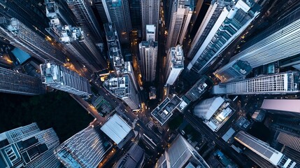 Leinwandbilder - Aerial view of a dense cityscape at twilight, showcasing numerous skyscrapers and city streets illuminated by artificial lights.  The image offers a bird's-eye perspective of urban arc : Generative AI