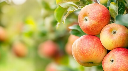 Aufkleber - Close-up view of ripe red and yellow apples hanging on a tree branch, surrounded by lush green leaves in an orchard setting.  The apples show variations in color and texture, suggestin : Generative AI