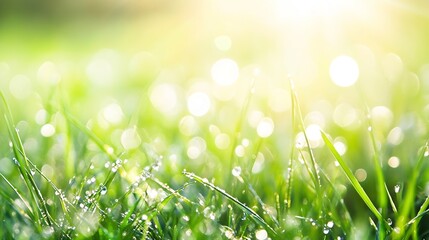 Poster - Close-up view of dew-covered blades of grass illuminated by morning sunlight, creating a vibrant and refreshing natural scene. : Generative AI