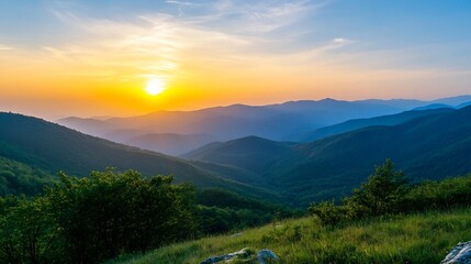 Poster - Serene sunset over rolling hills and lush green valleys, bathed in warm golden light, showcasing a breathtaking panoramic view of nature's beauty. : Generative AI