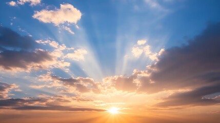 Aufkleber - Dramatic sunset scene with vibrant orange and blue hues, showcasing sun rays bursting through fluffy cumulus clouds in a breathtaking celestial display. : Generative AI