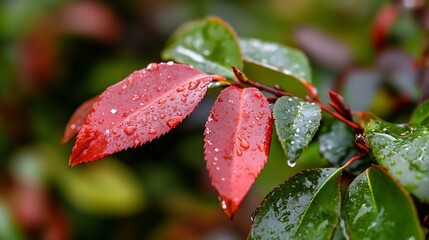 Aufkleber - Close-up of vibrant red leaves glistening with water droplets after a rain shower, contrasting against lush green foliage.  Nature's beauty captured in detail. : Generative AI