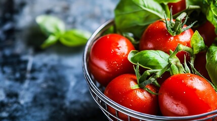 Poster - Close-up of ripe red tomatoes and fresh basil leaves in a metal bowl, showcasing their vibrant colors and juicy texture. : Generative AI