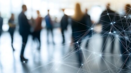Fototapete - Abstract Network Connections Over Blurred Business People in Modern Office Space, Representing Global Communication and Collaboration. : Generative AI