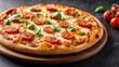 © DG - Delicious Fresh Tomato and Basil Pizza on Wooden Serving Board