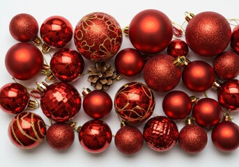 Wall Mural - Collection of shiny red christmas ornaments and a pine cone arranged on a white surface for the holidays