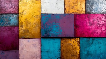 Leinwandbilder - Abstract colorful square textured wall art, featuring gold, teal, magenta, and purple hues.  A modern geometric design ideal for interior design projects or artistic backgrounds. : Generative AI