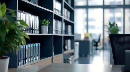 Aufkleber - Modern office workspace with organized files in dark grey shelves, a plant, and a blurred background of desks and windows. : Generative AI
