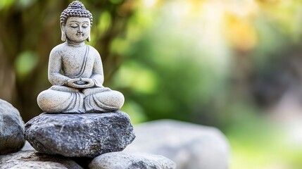 Poster - Serene Buddha statue meditates peacefully atop grey stones, nestled in a tranquil green garden setting, bathed in soft sunlight. : Generative AI