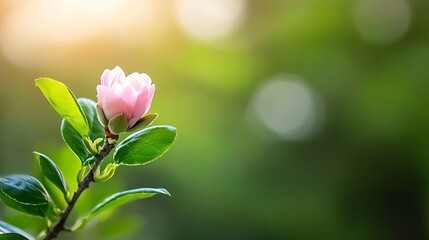 Aufkleber - A single, delicate pink flower bud blossoms on a branch, surrounded by vibrant green leaves, bathed in soft sunlight against a blurred green background. : Generative AI