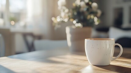 Aufkleber - A white mug sits on a light wood table, bathed in sunlight, with a blurred background of a plant and a bright window. : Generative AI