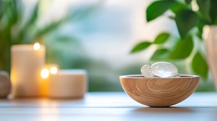 Leinwandbilder - Serene spa setting with candles, clear quartz crystals in a wooden bowl, and blurred green plants in the background, creating a peaceful and relaxing atmosphere. : Generative AI