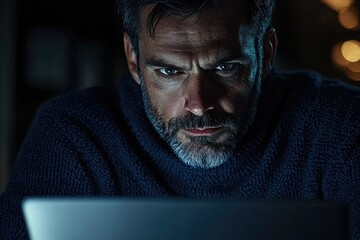 Aufkleber - A man with a serious expression intensely focused on his laptop screen in a dimly lit room.