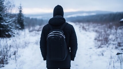 Aufkleber - A lone hiker with a backpack walks a snowy path through a winter landscape, the trees blurred in the background, conveying a sense of serenity and solitude. : Generative AI
