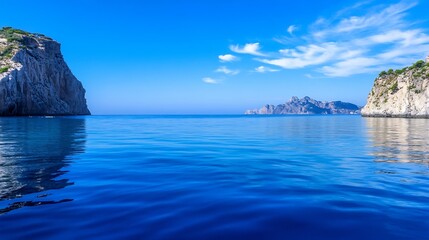 Aufkleber - Serene coastal landscape featuring dramatic cliffs, tranquil blue water, and a distant mountain range under a vibrant, cloud-streaked sky. : Generative AI