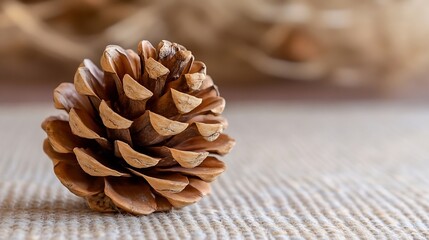 Poster - Close-up of a single, dried pine cone resting on a beige textured surface, showcasing its intricate details and warm brown tones. : Generative AI