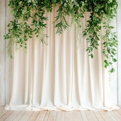 Poster - Elegant backdrop with flowing beige fabric adorned by green foliage and white flowers, perfect for weddings and photography studios usage.
