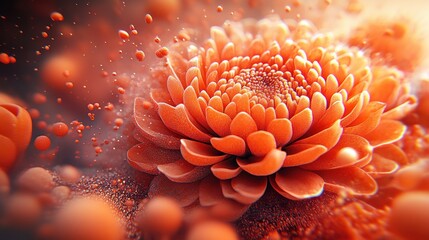 Aufkleber - A captivating macro shot showcases a vibrant orange chrysanthemum flower surrounded by glowing particles, creating a dreamy and ethereal atmosphere.