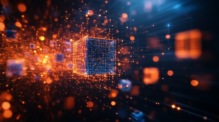 Abstract interconnected cubes exploding with glowing particles, representing AI technology on a clean, minimalist digital background