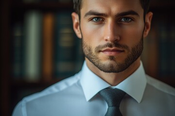 Poster - A handsome man in a white shirt and dark tie, serious expression, bookshelf background.