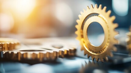 Poster - Close-up of golden gears intermeshing, showcasing intricate details and mechanical precision.  The shallow depth of field emphasizes the central gear, creating a dynamic visual. : Generative AI