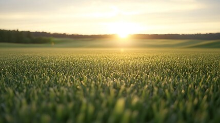 Aufkleber - Golden hour sunlight illuminates a vibrant green field of grass, showcasing the dew-kissed blades in the foreground with a blurred horizon of trees and sky. : Generative AI
