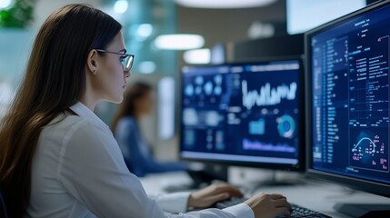 Leinwandbilder - Focused female programmer working late at night, analyzing data on multiple computer screens in a modern office setting.  She's wearing glasses and a white shirt, deeply engrossed in h : Generative AI