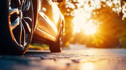 Poster - Close-up view of a dark-colored car's wheel and side, parked on an asphalt road at sunset, with warm golden light illuminating the scene. : Generative AI