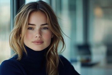 Poster - A young woman with light brown hair and freckles looks directly at the camera wearing a dark turtleneck.