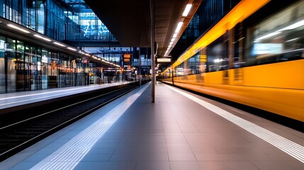 Aufkleber - A fast yellow train speeds through a modern train station platform, leaving a motion blur.  The station's sleek glass architecture reflects the city lights. : Generative AI