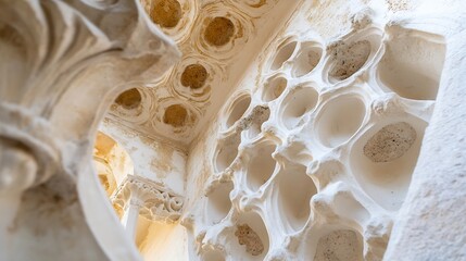 Aufkleber - Intricate stone carving detail, showcasing a weathered, off-white column and a wall with numerous recessed, circular apertures, creating a textured, architectural composition. : Generative AI