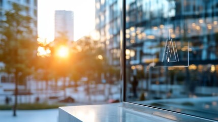 Leinwandbilder - Sunset cityscape reflected in modern building glass, showcasing a minimalist geometric logo design subtly etched onto the pane. : Generative AI