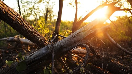 Fototapete - Golden hour sunlight illuminates a fallen log in a forest, showcasing the intricate texture of the wood and surrounding foliage. : Generative AI