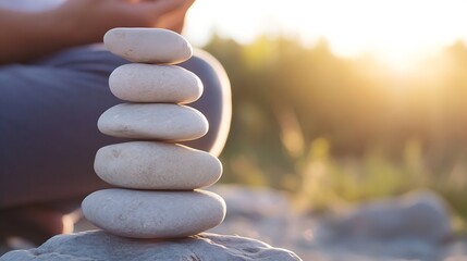 Poster - Serene Stack of Balanced Stones at Sunset, a Symbol of Tranquility and Mindfulness in Nature. : Generative AI