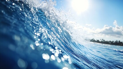 Fototapete - Close-up view of a powerful ocean wave crashing, sunlight reflecting on the water surface, creating a vibrant blue and white scene with splashes and foam. : Generative AI