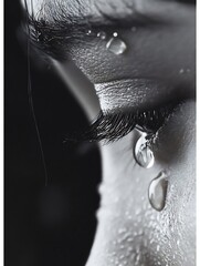 Poster - Close-up of a single tear rolling down a woman's cheek, highlighting the delicate details of her eyelashes and skin texture.  The monochrome palette emphasizes the emotional intensity  : Generative AI