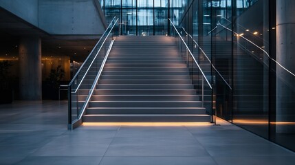 Aufkleber - Modern illuminated staircase in a contemporary glass and concrete building interior.  The sleek metal handrails and grey steps create a minimalist aesthetic. : Generative AI