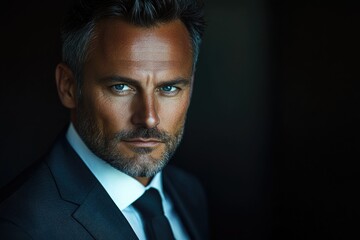 Poster - A charismatic man with salt and pepper hair, wearing a dark suit and tie, stares intensely into the camera.