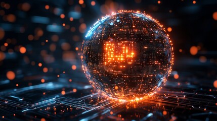 Wall Mural - neural network sphere with cpu core, glowing data points illustrating abstract ai technology concept