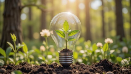 Wall Mural - Eco-Friendly Light Bulb with Sprout Inside, Sustainable Energy Concept in Nature, Environmental Awareness