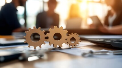 Fototapete - Interlocking wooden gears on a desk, symbolizing teamwork and collaboration in a busy office environment with blurred professionals working in the background. : Generative AI