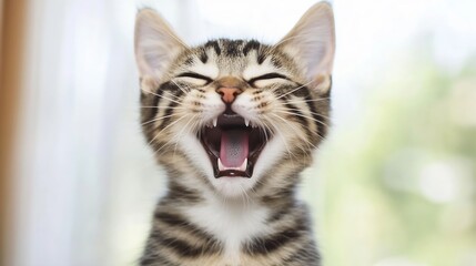 Aufkleber - Adorable tabby kitten with mouth open, showing pink tongue and teeth, against a blurred green and white background.  The kitten's expression is playful and happy. : Generative AI