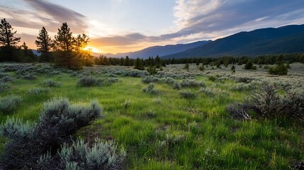 Aufkleber - Sunset over a serene mountain meadow, showcasing vibrant green grass, silvery sagebrush, and silhouetted pine trees against a backdrop of majestic mountains. : Generative AI