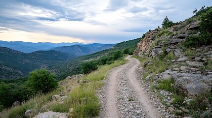 Poster - A gravel road winds through a mountainous landscape, offering scenic views of rolling hills and a cloudy sky at sunset. The path leads towards a distant mountain range under a dramatic : Generative AI