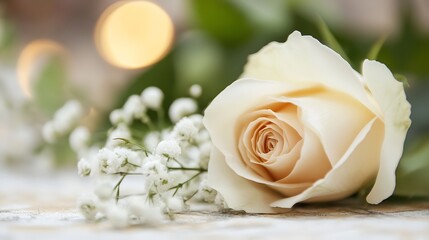 Aufkleber - Close-up of a delicate cream-colored rose resting on a light wooden surface, accompanied by a sprig of baby's breath flowers, soft lighting creates a romantic and serene atmosphere. : Generative AI