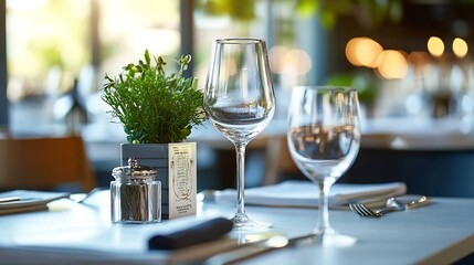 Aufkleber - Elegant restaurant table setting with wine glasses, herbs, and pepper shaker, creating a sophisticated and inviting ambiance. : Generative AI