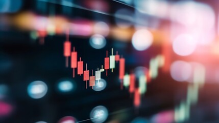 Leinwandbilder - Close-up view of a stock market chart displayed on a screen, showing candlestick patterns in red, green, and off-white against a blurred background of city lights at night. : Generative AI
