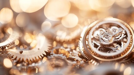 Leinwandbilder - Close-up view of intricate golden gears and cogs, showcasing the complex mechanics of a clockwork mechanism.  The bokeh background adds a warm, luxurious feel. : Generative AI